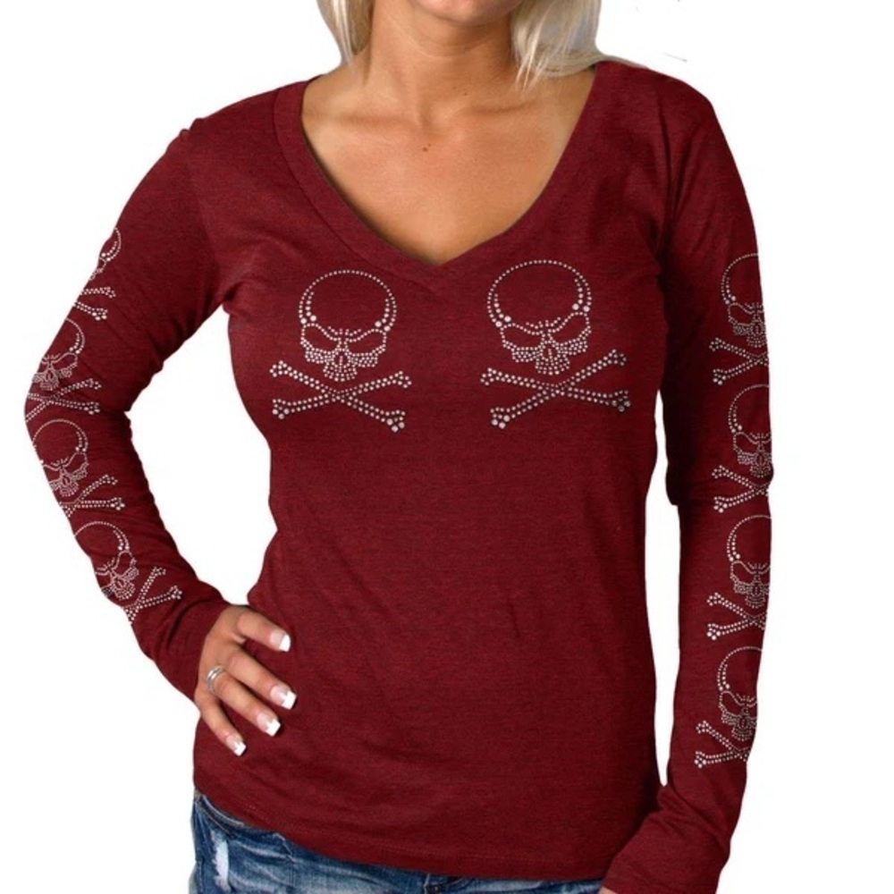 Hot Leathers Ladies Long Sleeve heather red Studded Cross Bones Shirt
